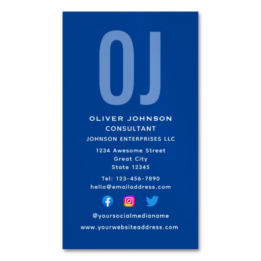 垂直モノグラムイニシャル名ブルーホワイト任意のジョブ マグネット名刺 (正面縦)