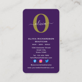 垂直モノグラムスクリプト名パープルホワイト金ゴールド 名刺