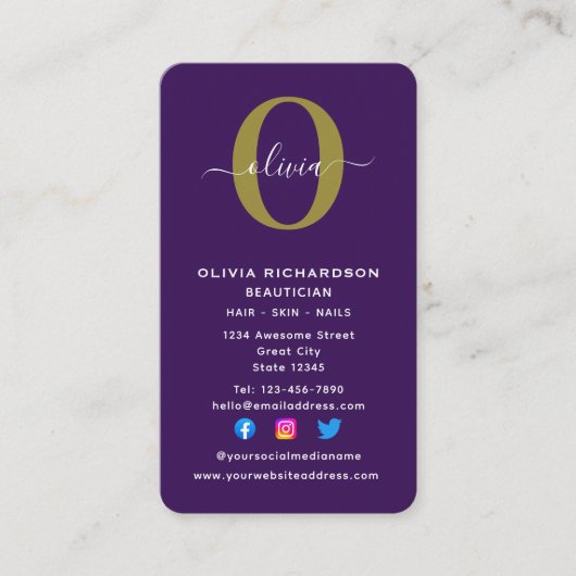垂直モノグラムスクリプト名パープルホワイト金ゴールド 名刺 (正面)