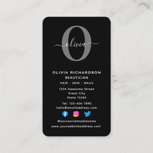 垂直モノグラムスクリプト名白黒グレー 名刺 (正面)