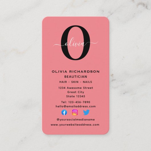 垂直モノグラムスクリプト名白黒ピンク 名刺 (正面)
