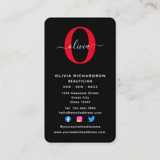 垂直モノグラムスクリプト名白黒赤 名刺 (正面)