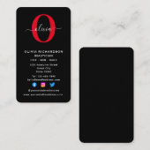 垂直モノグラムスクリプト名白黒赤 名刺 (正面/裏面)