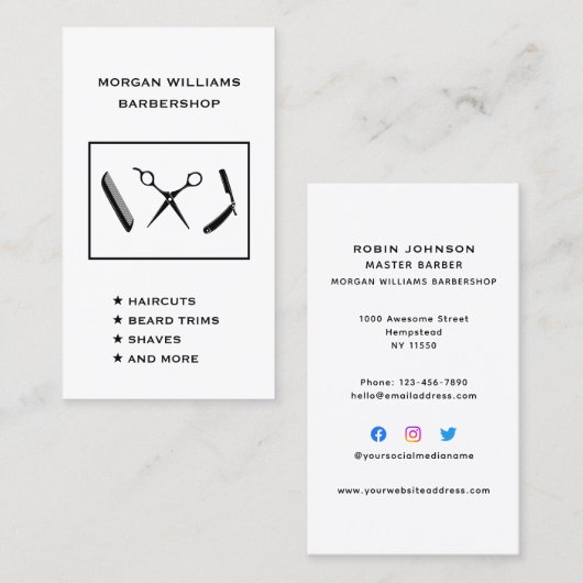 垂直理容師バーバーショップヘアシェーブソーシャルメディア 名刺 (正面/裏面)