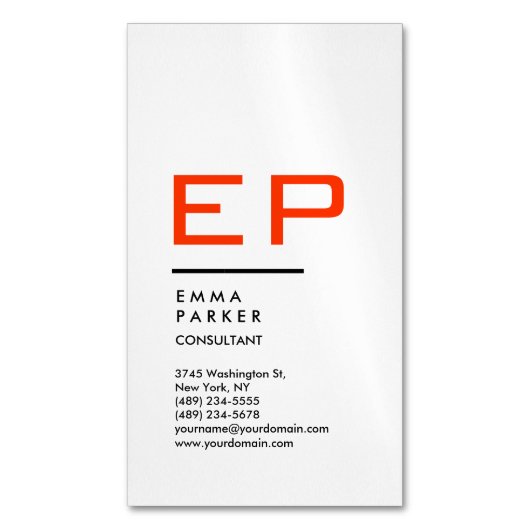 垂直白黒縁どトレンディーレッドモノグラム マグネット名刺 (正面縦)