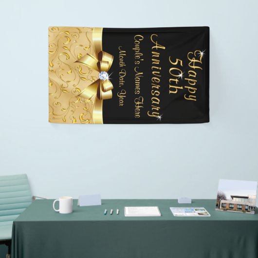 垂直黒と金ゴールド50周年記念バナー 横断幕 (トレードショー)