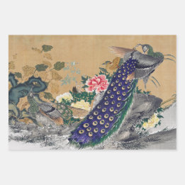 埃っぽいバラと色あせたブルーのChinoiserie Peacock ラッピングペーパーシート