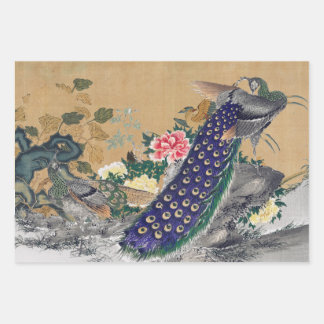 埃っぽいバラと色あせたブルーのChinoiserie Peacock ラッピングペーパーシート