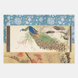 埃っぽいバラと色あせたブルーのChinoiserie Peacock ラッピングペーパーシート