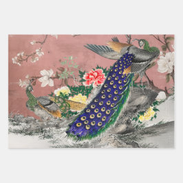 埃っぽいバラと色あせたブルーのChinoiserie Peacock ラッピングペーパーシート
