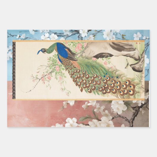 埃っぽいバラと色あせたブルーのChinoiserie Peacock ラッピングペーパーシート (正面3)