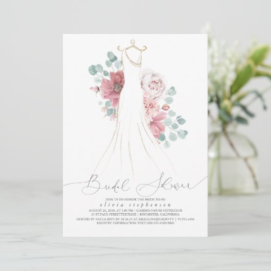 埃っぽいバラエレガントなウェディングドレスブライダルシャワー 招待状 (スタンド正面)