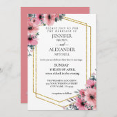 埃っぽいバラピンクとフローラ結婚グリーナリーのシック 招待状 (正面/裏面)