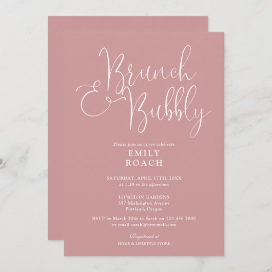 埃っぽいバラピンクブランチと泡立つブライダルシャワー 招待状 (正面/裏面)