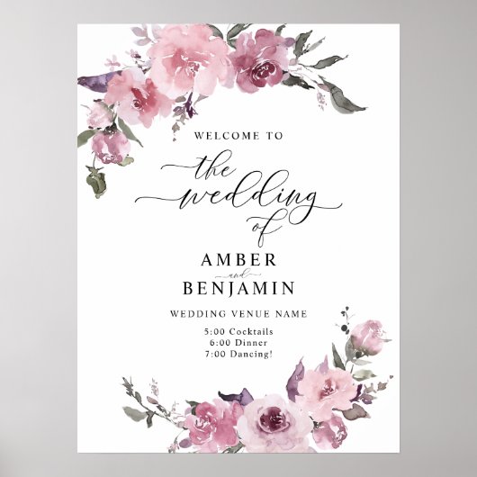 埃っぽいバラフローラ赤面ピンクマウヴ結婚ズ・ウェルカム ポスター (正面)