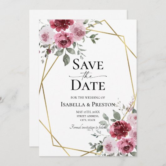 埃っぽいバラブルゴーニュフローラ結婚式の日付を保存 招待状 (正面/裏面)