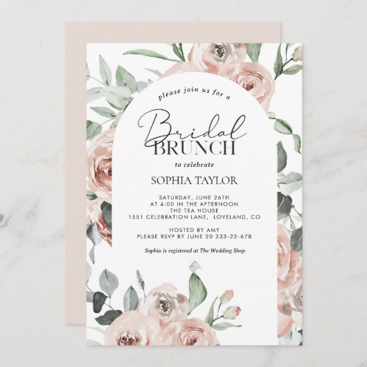 埃っぽいバラ赤面ピンクユーカリブライダルブランチ 招待状 (正面/裏面)