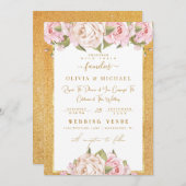 埃っぽいバラ赤面フローラゴールデンサンドフォイル結婚ズ 招待状 (正面/裏面)