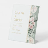 埃っぽいバラ金ゴールドセージ緑のウェディングカードとギフト 台座サイン (正面)