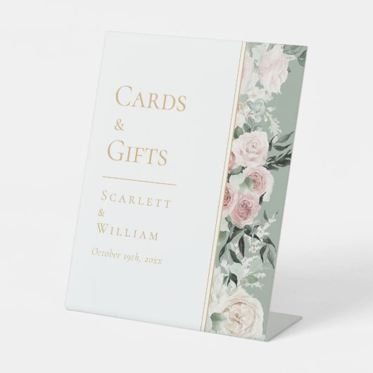 埃っぽいバラ金ゴールドセージ緑のウェディングカードとギフト 台座サイン (正面)