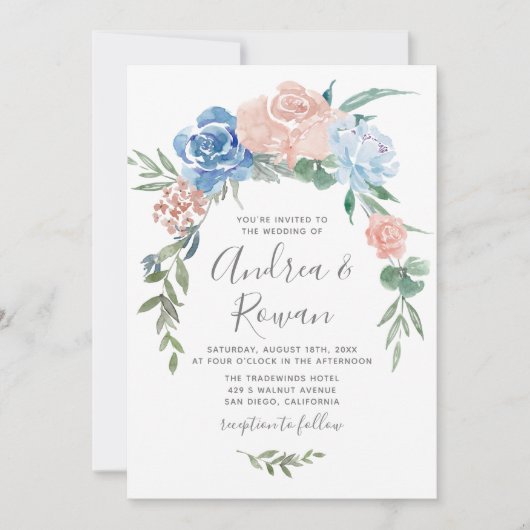 埃っぽいブルーとピンクのフローラガーランドウェディング招待 セーブザデート (正面)