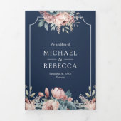 埃っぽいブルーとピンクのフローラネイビーQRコード結婚ズ 三つ折り招待状 (カバー)