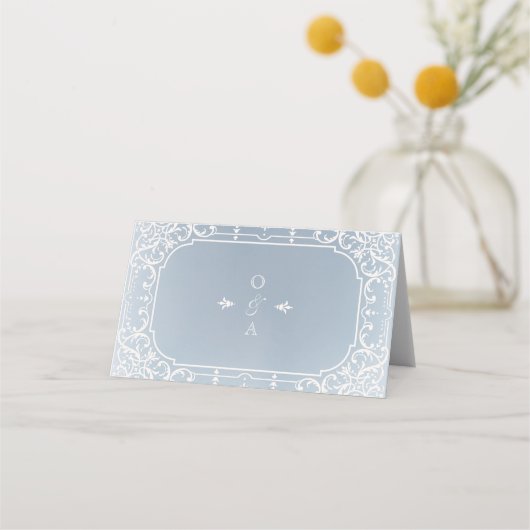 埃っぽいブルーのロマンチックなヴィンテージの結婚式座席表 プレイスカード (裏面)