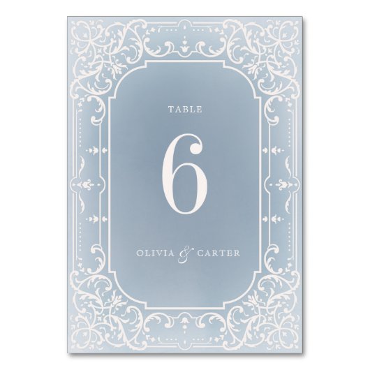 埃っぽいブルーのロマンチックなヴィンテージ結婚式のテーブルカード テーブルナンバー (正面)