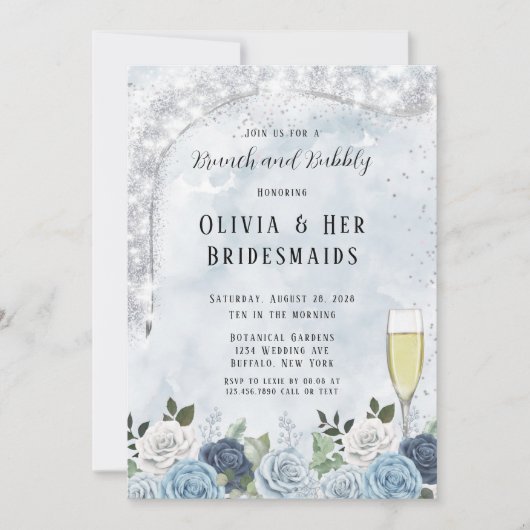 埃っぽいブルーウォーターのカラーフローラブランチとバブリー 招待状 (正面)