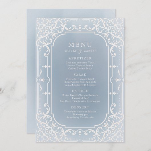 埃っぽいブルーエレガントロマンチックなヴィンテージ結婚式メニュー メニュー (正面/裏面)
