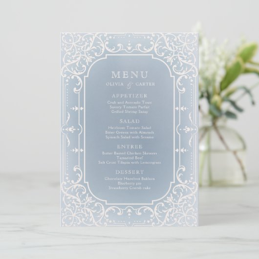埃っぽいブルーエレガントロマンチックなヴィンテージ結婚式メニュー メニュー (スタンド正面)
