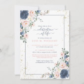 埃っぽいブルーピンク金ゴールドフローラお祝い 招待状 (正面)