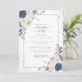 埃っぽいブルーピンク金ゴールドフローラお祝い 招待状 (スタンド正面)