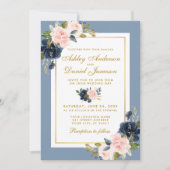 埃っぽいブルーフローラピンク赤面金ゴールド結婚フレーム 招待状 (正面)