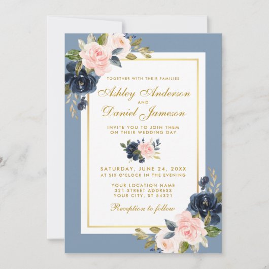埃っぽいブルーフローラピンク赤面金ゴールド結婚フレーム 招待状 (正面)