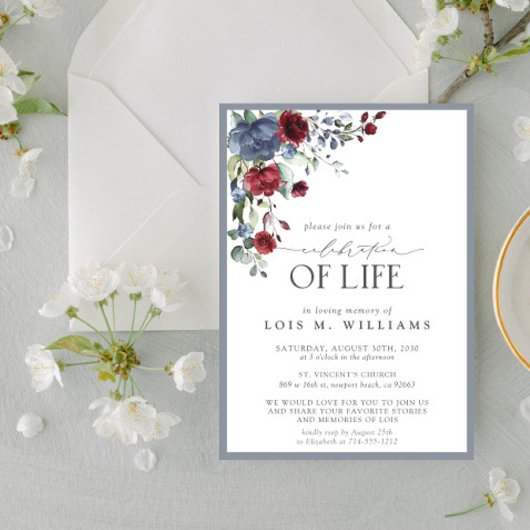 埃っぽいブルーブルゴーニュフローラお祝い・オブ・ライフ 招待状