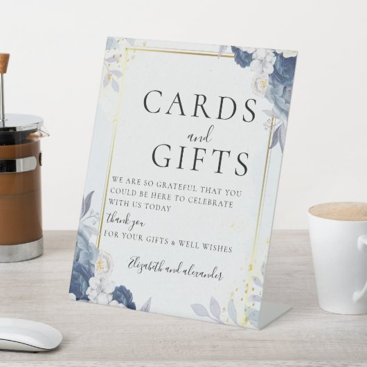 埃っぽいブルー金ゴールド結婚フローラのカードとギフト 台座サイン (インサイチュ)