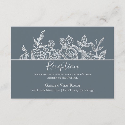 埃っぽい石板ブルーシルバーフローラス結婚ケッチ エンクロージャーカード (正面)