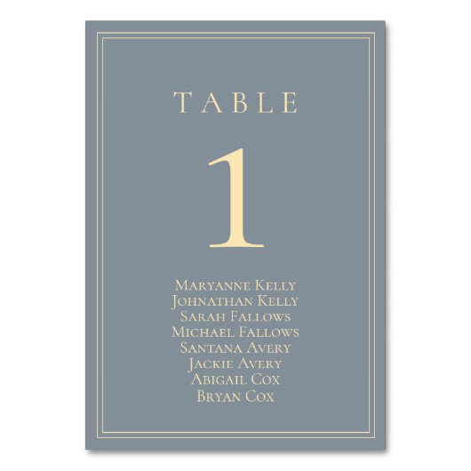 埃っぽい青いグレーと金ゴールドシーティングチャート テーブルナンバー (正面)