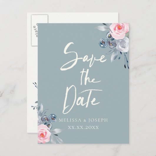 埃っぽい青いバラは日付スクリプトを保存 案内ポストカード (正面/裏面)