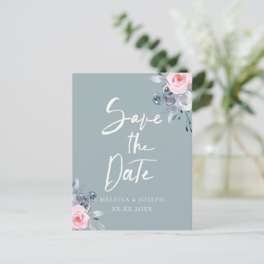 埃っぽい青いバラは日付スクリプトを保存 案内ポストカード (スタンド正面)