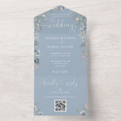 埃っぽい青いフローラスクリプトハートQRコー結婚ド オールインワン招待状 (内側)