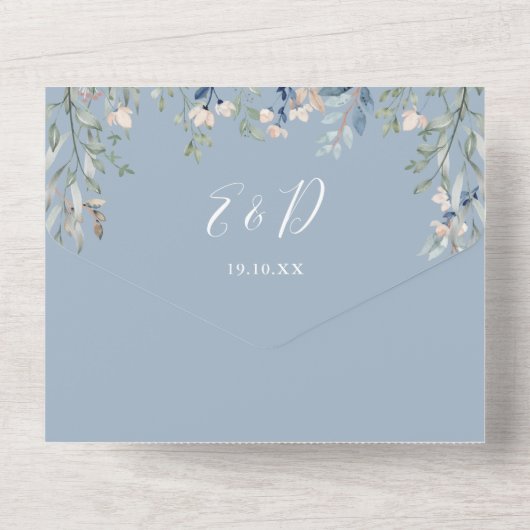 埃っぽい青いフローラスクリプトハートQRコー結婚ド オールインワン招待状 (裏面)