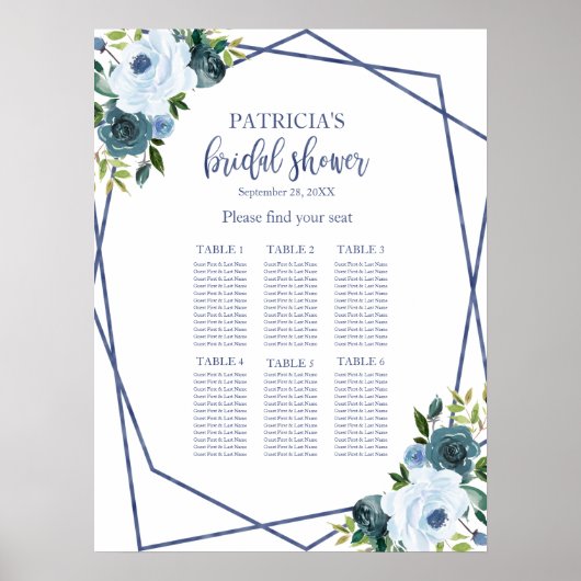 埃っぽい青いフローラブライダルシャワーの座席表 ポスター (正面)