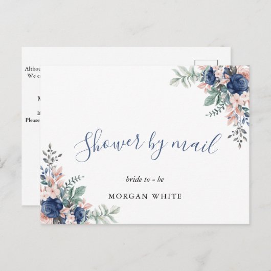 埃っぽい青いフローラ幾何学的ブライダルシャワーバイメール インビテーションポストカード (正面/裏面)