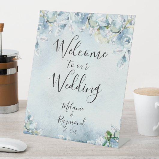 埃っぽい青いフローラ水の色へようこそ結婚の 台座サイン (インサイチュ)