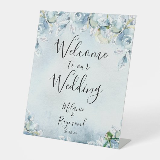 埃っぽい青いフローラ水の色へようこそ結婚の 台座サイン (正面)