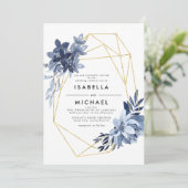 埃っぽい青いフローラ金ゴールド幾何学模様結婚枠 招待状 (スタンド正面)