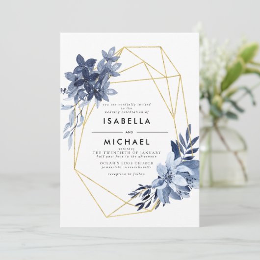 埃っぽい青いフローラ金ゴールド幾何学模様結婚枠 招待状 (スタンド正面)
