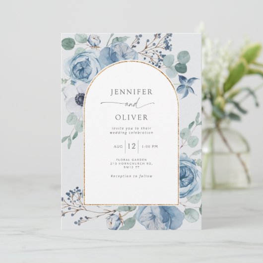 埃っぽい青いフローラ金ゴールド幾何結婚の 招待状 (スタンド正面)